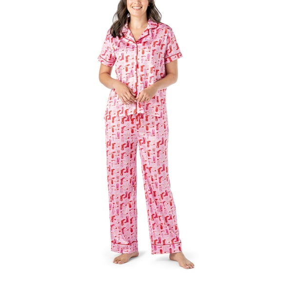 Hello Mello Boots & Bubbles Satin Lounge Top and Pants, 2-Piece Pajama Set, Bootie Sleep, Small/Medium (Women's)