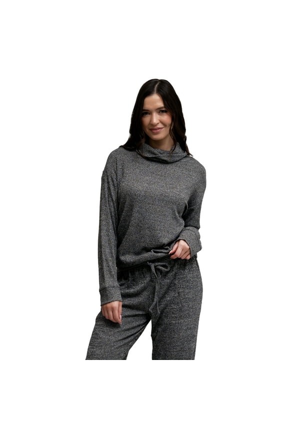 CuddleBlend Lounge Top Long Sleeve Relaxed Fit Turtleneck, Black Medium (Women's)