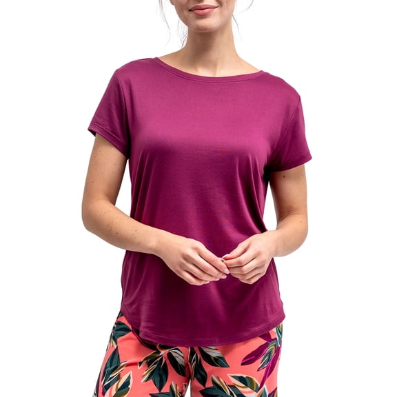 Hello Mello Dream Tee Shirt Pajama Lounge Short Sleeve Crewneck Top, Fuchsia Small (Women's)
