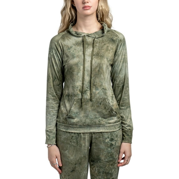 Hello Mello Dyes The Limit Lounge Hoodie Lightweight Tie Dye Long Sleeve Sweater, Green (Women's)