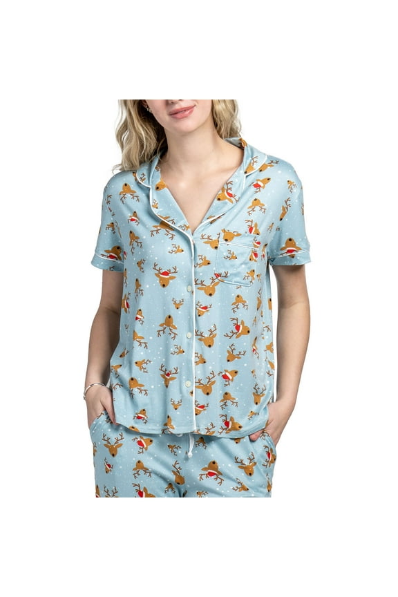 Holiday Pajama Top Soft Button-Down Lounge Shirt, Santa’s Helpers (Women's)