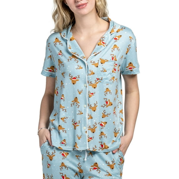 Hello Mello Holiday Pajama Top Soft Button-Down Lounge Shirt, Santa’s Helpers (Women's)