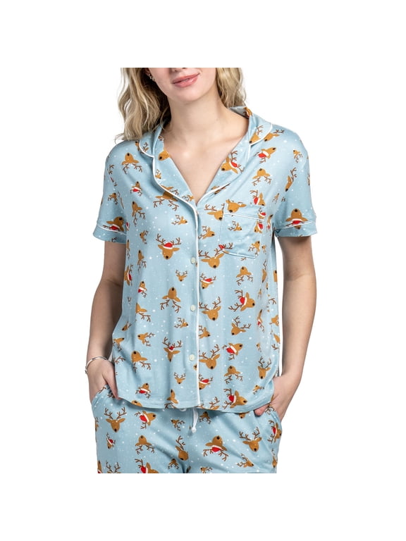 Holiday Pajama Top Soft Button-Down Lounge Shirt, Santa’s Helpers (Women's)