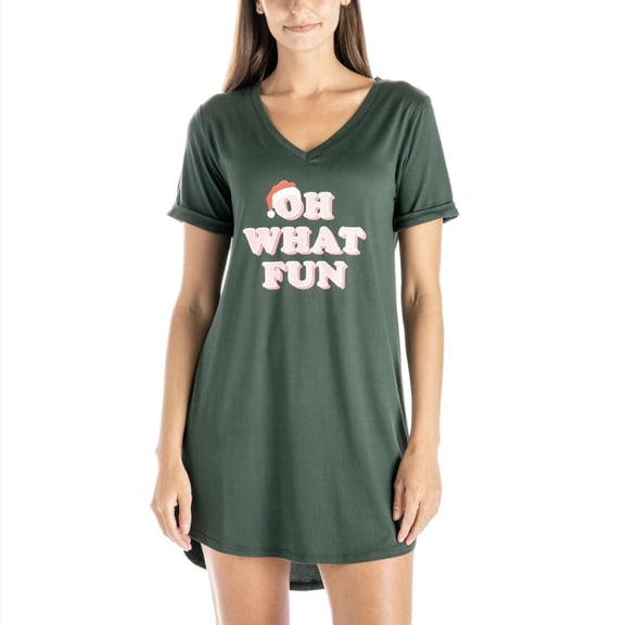Hello Mello Holiday Sleep Shirt Soft Lounge Pajama V-Neck Nightgown, Oh What Fun (Women's)