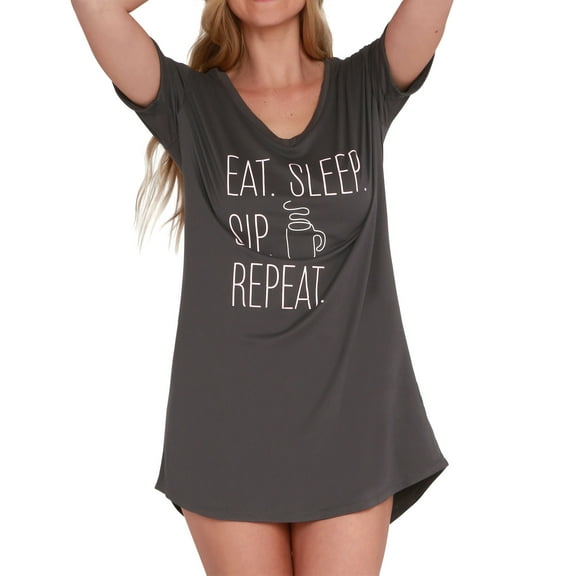 Hello Mello Let Me Sleep Lounge Sleepshirt V-Neck Short Sleeve Sleepwear, Eat. Sleep. Sip. Repeat Medium/Large (Women's)