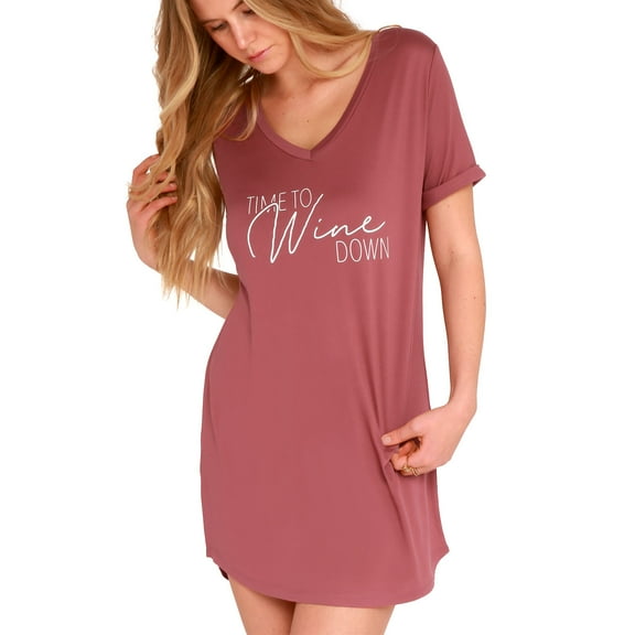 Hello Mello Let Me Sleep Lounge Sleepshirt V-Neck Short Sleeve Sleepwear, Time to Wine Down Small/Medium (Women's)
