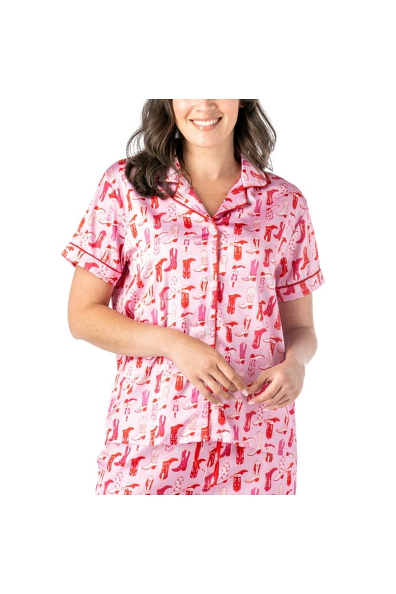 Pajama Top Satin Short Sleeve Button-Down Pajama Shirt, Bootie Sleep Medium/Large (Women's)