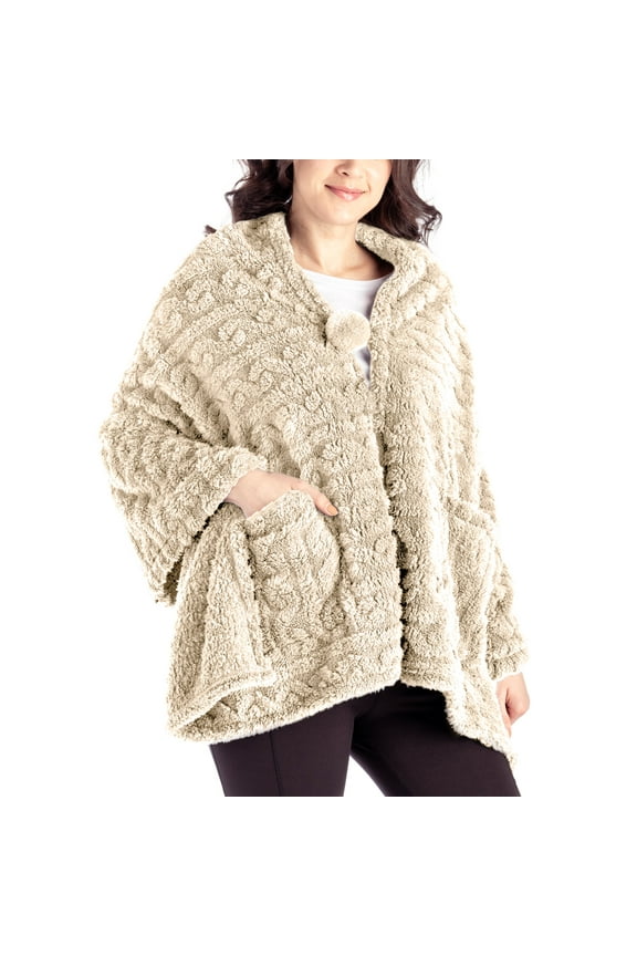 The Coziest Blanket Wrap Plush Poncho Soft Sweater, Tan (Women's)