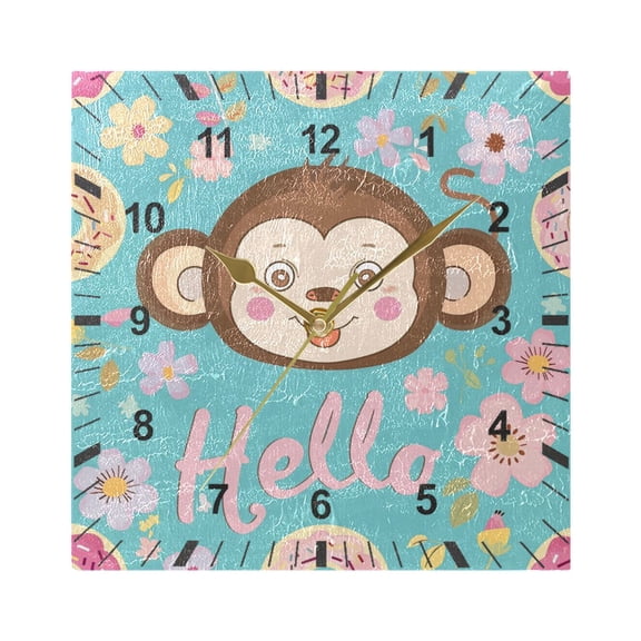 Hello Monkey Face Wall Clock Battery Operated Silent Non-Ticking Bedroom Office Kitchen Home School Decor 7.8"(Gold)