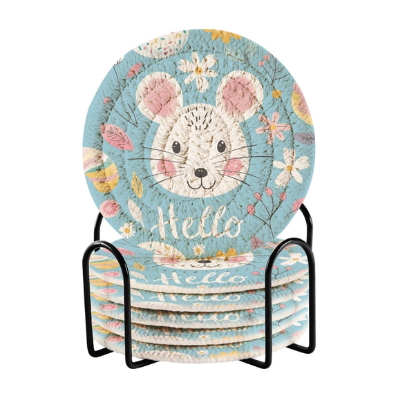 Hello Mouse Face Coasters with Holder for Coffee Table 6 Pcs Drink Coaster Sets Absorbent for Home Decor 4 inch