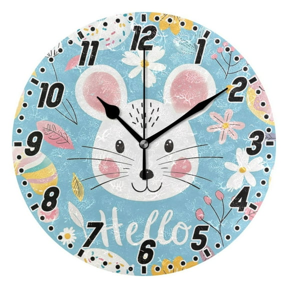 Hello Mouse Face Round Wall Clock Battery Operated Silent Non-Ticking Bedroom Office Kitchen Home School Decor 10"(Black)