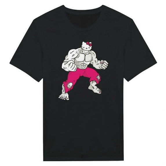 Hello Muscular Kitty Gym Workout Classic Unisex Crewneck T Shirt ,Black Color,Size L
