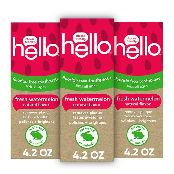 Hello Natural Watermelon Flavor Baby & Kids Fluoride Free Toothpaste, Vegan, SLS Free, Gluten Free, Safe to Swallow for Baby and Toddlers, 4.2 Ounce (Pack of 3)
