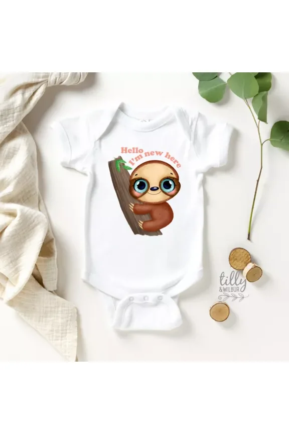 Hello I'M New Here Baby Bodysuit, Newborn Baby Girl Gift, Baby Sloth Newborn Cute Baby Onesie, Baby Bodysuit Lat 4424 Cute Baby Onesie, BABY BODYSUIT LAT 4424