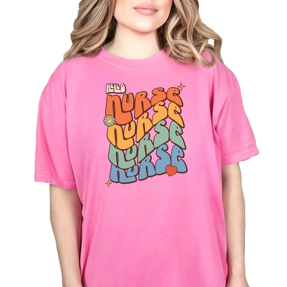 Hello Nurse with Flower & Heart, Groovy Retro Wavy Text , Crunchberry Comfort Colors T-Shirt, Large