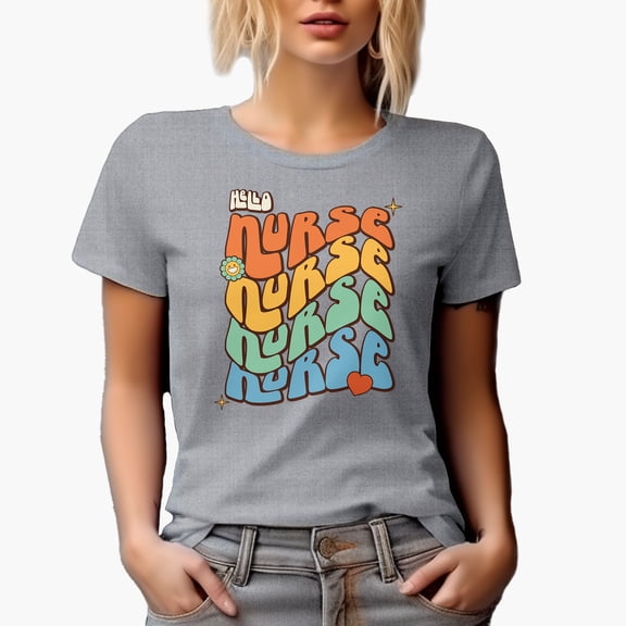 Hello Nurse with Flower & Heart, Groovy Retro Wavy Text Merch Gift, Heather Grey T-Shirt, Small