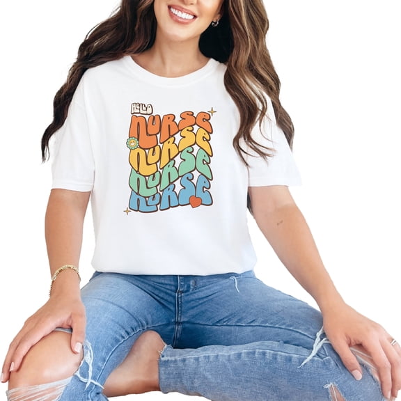 Hello Nurse with Flower & Heart, Groovy Retro Wavy Text , White Comfort Colors T-Shirt, Small