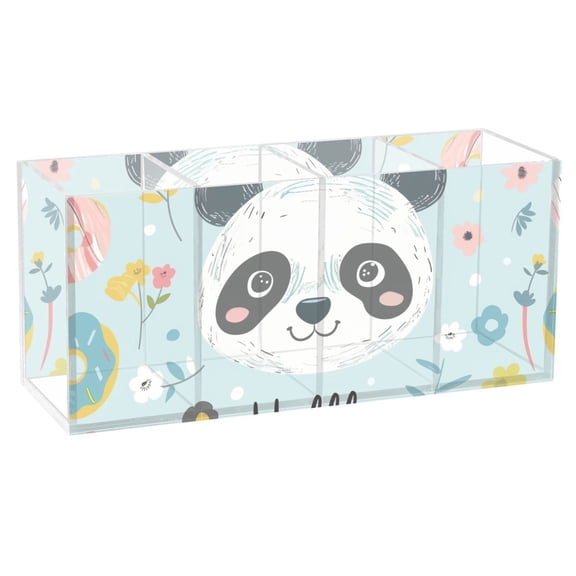 Hello Panda Face Acrylic Pencil Pen Holder Cup 4 Compartments Desktop Organiser 7.87"x2.78"x3.54"