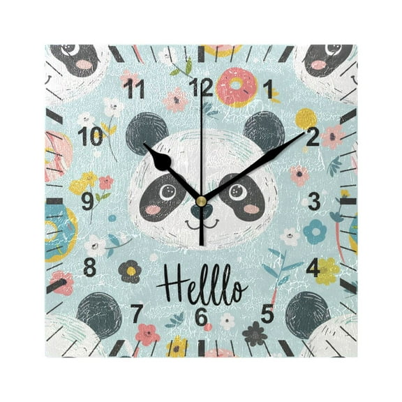 Hello Panda Face Wall Clock Battery Operated Silent Non-Ticking Bedroom Office Kitchen Home School Decor 7.8"(Black)