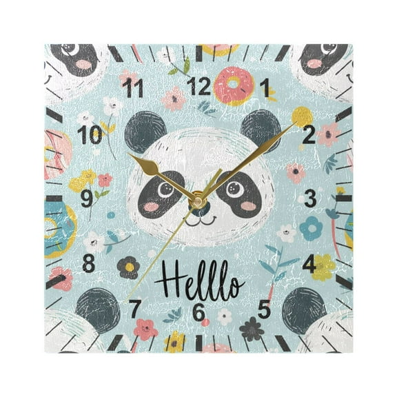Hello Panda Face Wall Clock Battery Operated Silent Non-Ticking Bedroom Office Kitchen Home School Decor 7.8"(Gold)