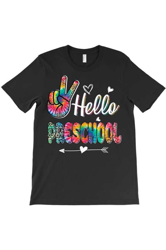 Hello Preschool Funny Tie-Dye Leopard Graphic Back To School Kid H36242 Unisex T-Shirt, Up to 5XL Available