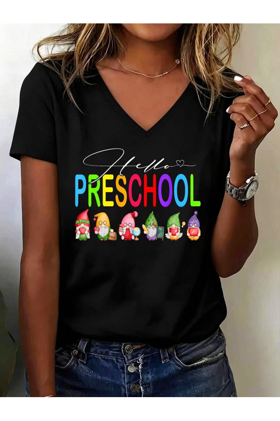 Hello Preschool Teacher Student Back To School Gnomes V Neck T-Shirt Cotton Women's V Neck Graphic Tee, Casual Short Sleeve Shirt,Vacation Outfit