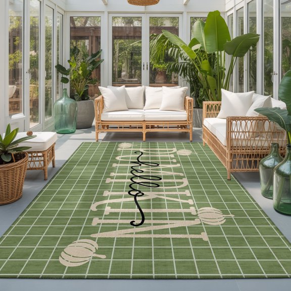 Hello Pumpkin 9'x12' Area Rugs for Living Room Sectional Sofa, Minimalist Thanksgiving Fall White Green Line Grid Washable Sturdy Non Slip Soft Sturdy Rectangle Home Area Rug