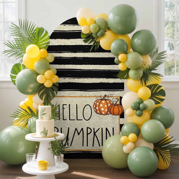 Hello Pumpkin Arch Backdrop Cover, 5FT, Thanksgiving Fall Spandex Arch Covers Double-Sided Backdrop for Wedding Birthday Party Photo Background Decoration
