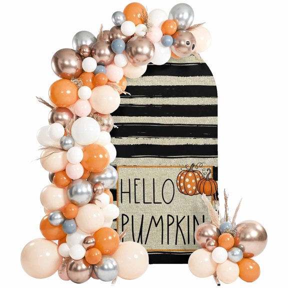 Hello Pumpkin Arch Backdrop Covers 4 FT, Thanksgiving Fall Stretchy Fitted Arched Stand Covers Party Arch Stand Cover Photo Booth for Wedding Birthday Decor