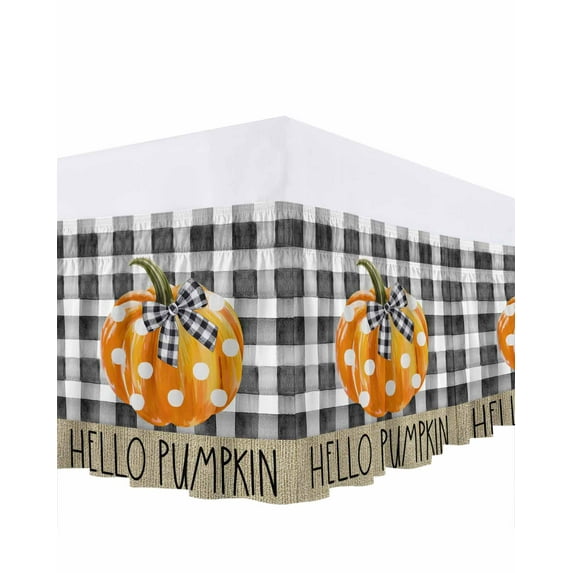 Hello Pumpkin Bed Skirt King Size 18 Inch Drop, Thanksgiving Fall Orange Pumpkin Plaid Wrap Around Dust Ruffle Bedskirts, Wrinkle & Fade Resistant Easy Fit Bedskirt with Adjustable Elastic