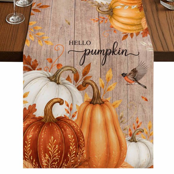 Hello Pumpkin Burlap Cotton Table Runner 13x72 Inches Long, Orange Thanksgiving Fall Farm Wooden Farmhouse Table Runners, Outdoor Dining Tablecloths Decor for Baby Shower/Party/Wedding