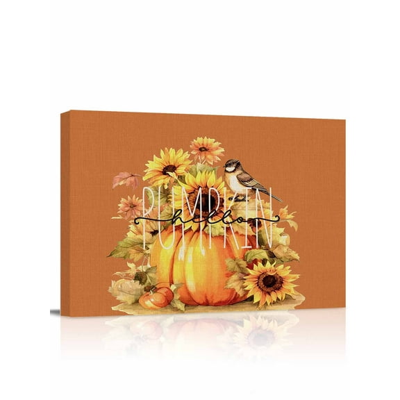 Hello Pumpkin Canvas Print Wall Art Framed Canvas Art Wall Decor Thanksgiving Retro Sunflowers Pictures Painting Morden Artwork for Living Room Bedroom, Ready to Hang - 12"x16"