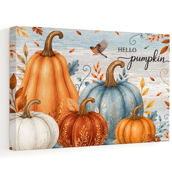 Hello Pumpkin Canvas Wall Art, Country Fall Leaf Orange Blue Pumpkins Bird Wall Art Prints Artwork Framed Canvas Ready to Hang Art Pictures for Bathroom, Dressing Table, Entryway 12" x 8"