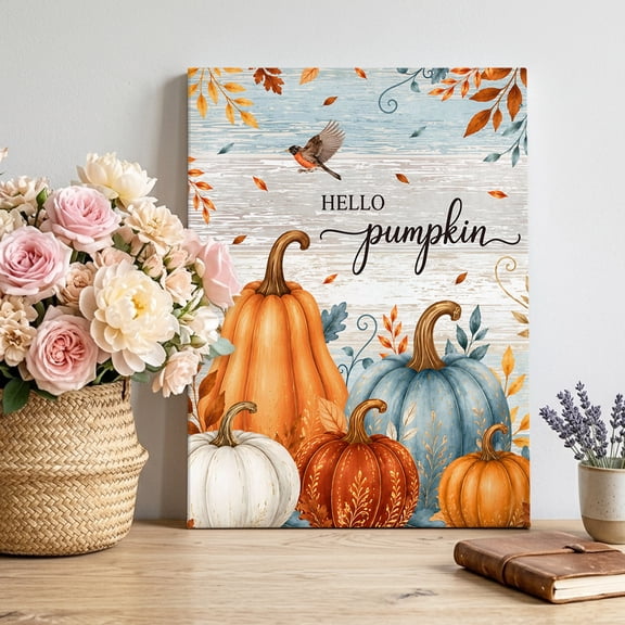 Hello Pumpkin Canvas Wall Art for Living Room, Country Fall Leaf Orange Blue Pumpkins Bird Poster Print Painting for Bedroom Office Home Decoration Wall Pictures Prepare To Hang 16"x20"