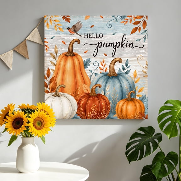 Hello Pumpkin Canvas Wall Art for Living Room, Country Fall Leaf Orange Blue Pumpkins Bird Poster Print Painting for Bedroom Office Home Decoration Wall Pictures Prepare To Hang 8"x8"