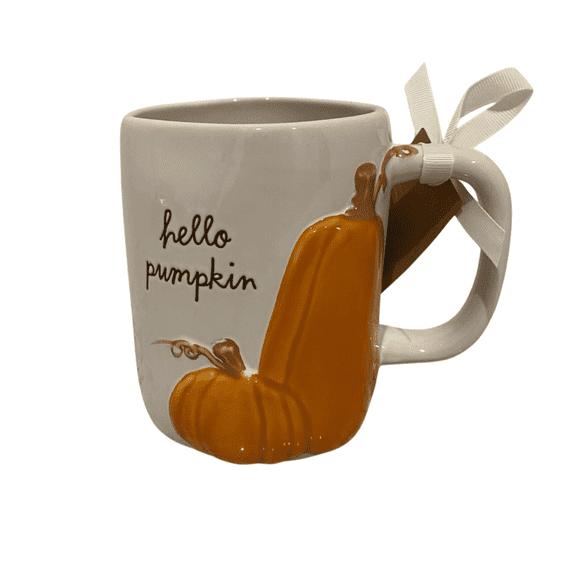 Hello Pumpkin Ceramic Coffee Mug Festive Fall Autumn Drinkware White with Orange Pumpkin 16 oz