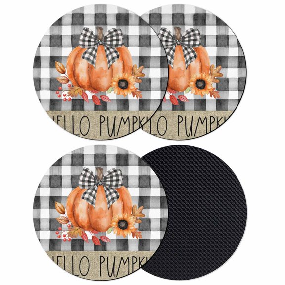Hello Pumpkin Coasters Set of 4, Absorbent Coasters for Drinks, Orange Thanksgiving Black Plaid Coaster for Desk Coffee Table Protection, Home Decor House Warming Gifts 4"
