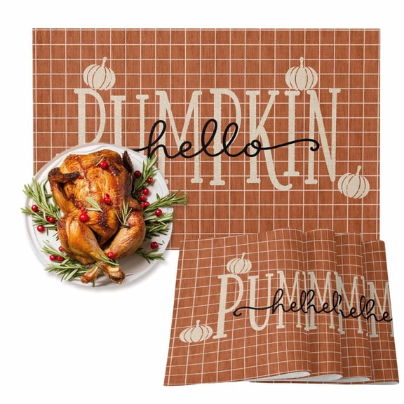 Hello Pumpkin Cotton Linen Placemats Set of 6, Minimalist Thanksgiving Fall Terracotta Line Grid Washable Table Place Mats Heat Insulating Placemat for Dining Room Kitchen Daily Use 13 x 19 Inch