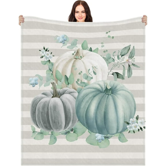 Hello Pumpkin Eucalyptus Blanket Fall Autumn Thanksgiving Blanket Blue Plaid Throw Blanket Eucalyptus Leaves Harvest Decoration for Home Sofa Couch, 50 * 60 Inches