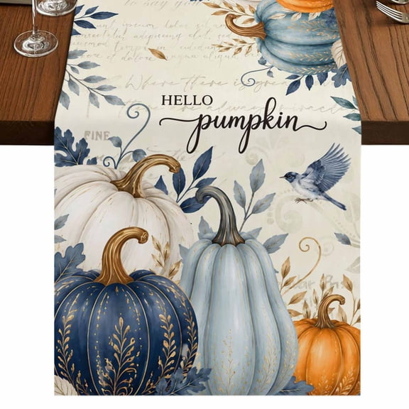 Hello Pumpkin Fall Burlap Cotton Table Runner 13x60 Inches Long, Orange Blue Thanksgiving Botanical Vintage Farmhouse Table Runners, Outdoor Dining Tablecloths Decor for Baby Shower/Party/Wedding