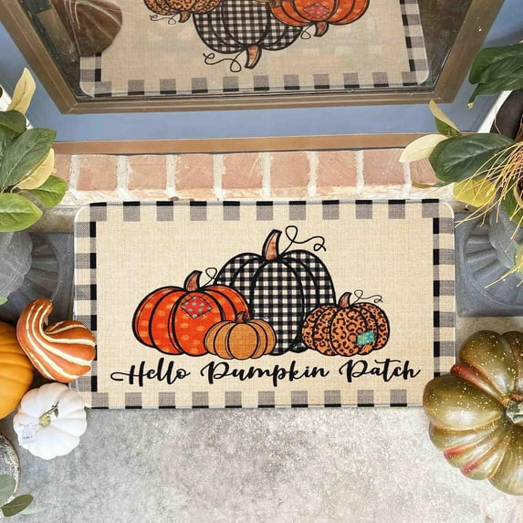 Hello Pumpkin Fall Decorative Doormat 17x30 Inch,Buffalo Check Plaid Autumn Thanksiving Pumpkin Door Mats Entrance Low Profile Non Slip Floor Mat for Home Patio in/Outdoor Decor