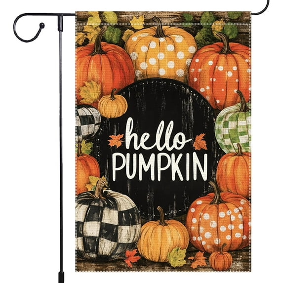Hello Pumpkin Fall Garden Flag Thanksgiving Garden Flags For Outside,12x18 Inch Double Sided Burlap Small Polka Dots Maple Leaf Autumn Yard Outdoor Decorations