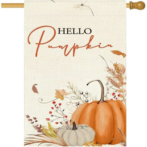 Hello Pumpkin Fall House Flag 28x40 Inch Double Sided for Outside, Autumn Leaves Thanksgiving Pumpkins Outdoor Seasonal Rustic Yard Flag Farmhouse Porch Decor 18-28