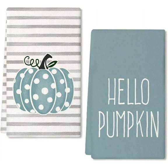Hello Pumpkin Fall Kitchen Towels Set of 2,Blue Polka dot Stripes Autumn Dish Towels 18x26 Inch,Farmhouse Home Indoor Thanksgiving Harvest Seasonal Vintage Decorations