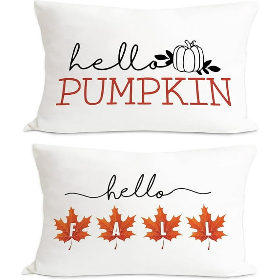 Hello Pumpkin Fall Maple Leaves Thanksgiving Autumn Harvest Seasonal Outdoor Throw Pillow Cover 12x20 Inch Decor for Home Farmhouse,Housewarming Gifts,Set of 2