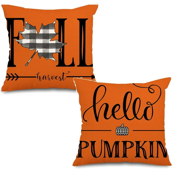Hello Pumpkin Fall Outdoor Pillow Covers Waterproof 18x18 inch Orange Fallen Leaves Decorative Farmhouse Throw Pillow Covers Set of 2 Autumn Thanksgiving Decor