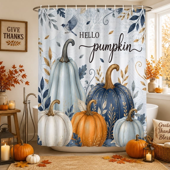 Hello Pumpkin Fall Shower Curtains for Bathroom, Orange Blue Thanksgiving Botanical Coral Waterproof Fabric Shower Curtain, Decorative Bathroom Curtain for Bathtub, 72"x72", No Hooks Included