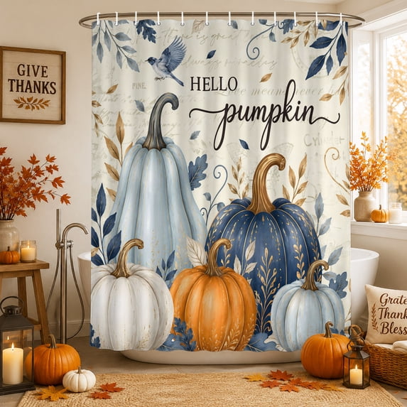 Hello Pumpkin Fall Shower Curtains for Bathroom, Orange Blue Thanksgiving Botanical Vintage Waterproof Fabric Shower Curtain, Decorative Bathroom Curtain for Bathtub, 72"x84", No Hooks Included