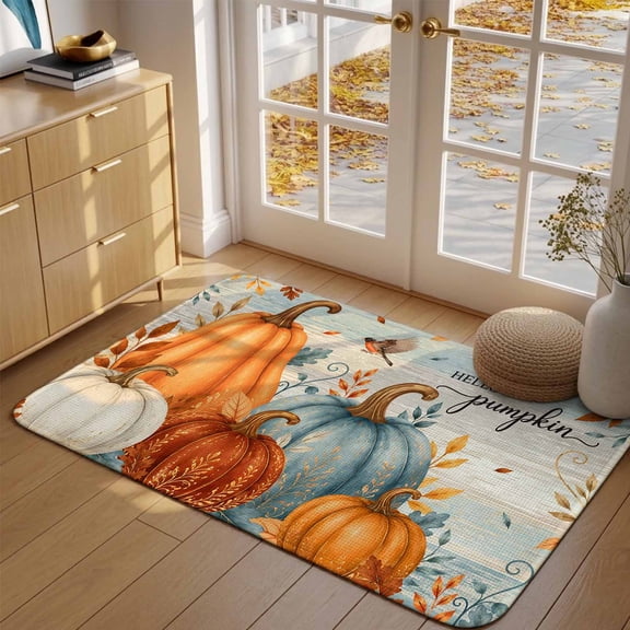 Hello Pumpkin Front Door Mat Indoor Entrance, Country Fall Leaf Orange Blue Pumpkins Bird Absorbent Dirt Resist Welcome Mats Non-Slip Low-Profile Doormat Washable Entry Rug Indoor Outdoor 17x30 Inch