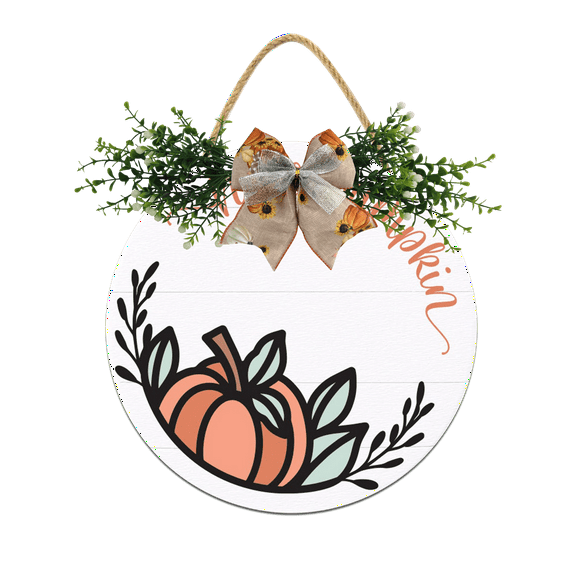 Hello Pumpkin Front Door Sign Funny Wreaths Hanging Wooden Plaque Decoration Round Rustic Wood Farmhouse Porch Decor for Home Front Door Decor, 12 x 12 Inch